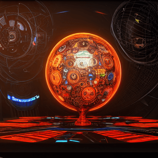 AI generated: complex colorful portrait of a cyberpunk sphere over a table, black plastic, symmetrical, fractal, o...
