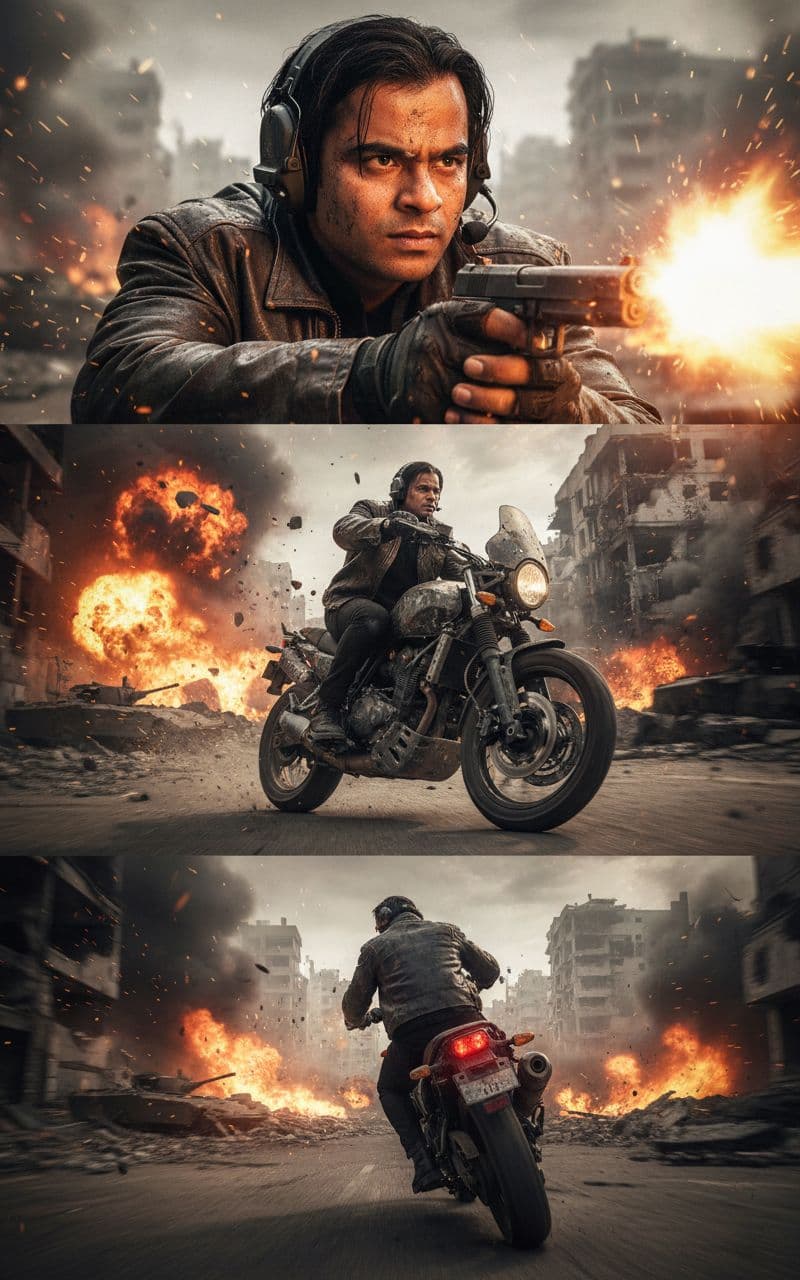 AI generated: ""Start with a close-up on the man's determined face as he fires the gun, muzzle flash illuminating ...