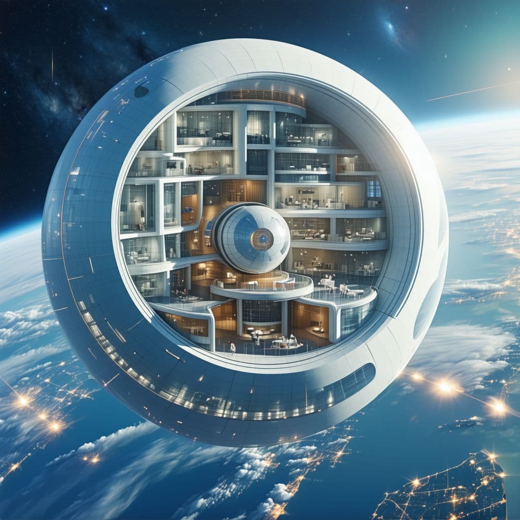 AI generated: • Spin-Up Mechanism: Thrusters or reaction control systems (RCS) positioned tangentially on the city...