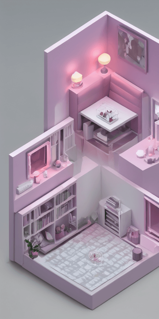 AI generated: Tiny cute isometric living room in a cutaway box, made of rhodochrosite, soft smooth lighting, soft ...