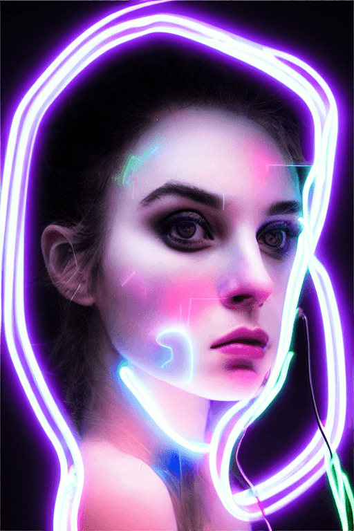 AI generated: <lora:openjourneyLora_v1:0.75>| <lora:synthwavepunkLora300:0.25>| neon light sign in design of face ...