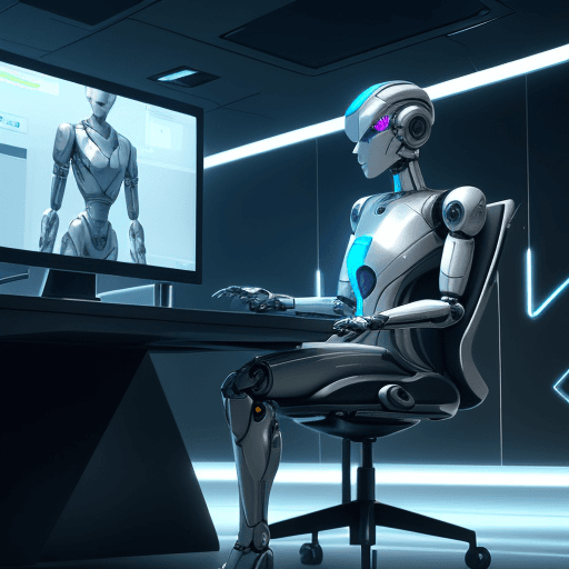AI generated: A futuristic tech office design where a humanoid robot is sitting in front of a large computer scree...