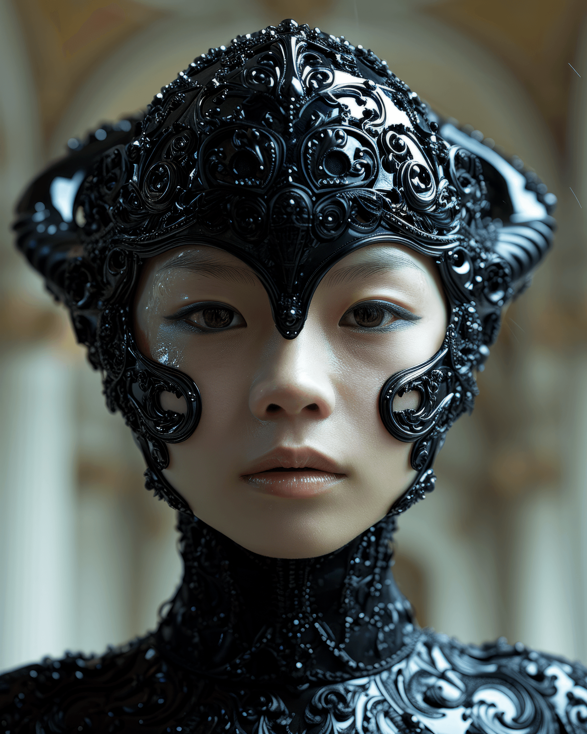 AI generated: proud arrogant beautiful androgynous woman with many glossy spider eyes wearing glossy black leather...