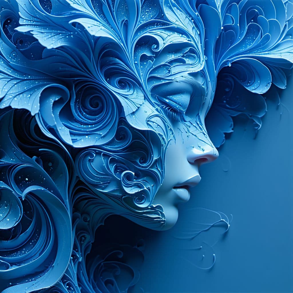 AI generated:  Hyper-realistic vivid digital art. Close up. Blue abstract head with classic Scandinavian features ...