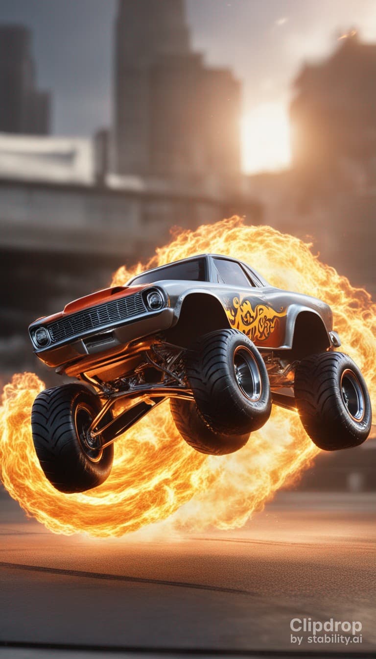 AI generated: A Photograph of a sleek Hot Wheels trunk hurtling through a ring of fire, illuminated by a luminous ...