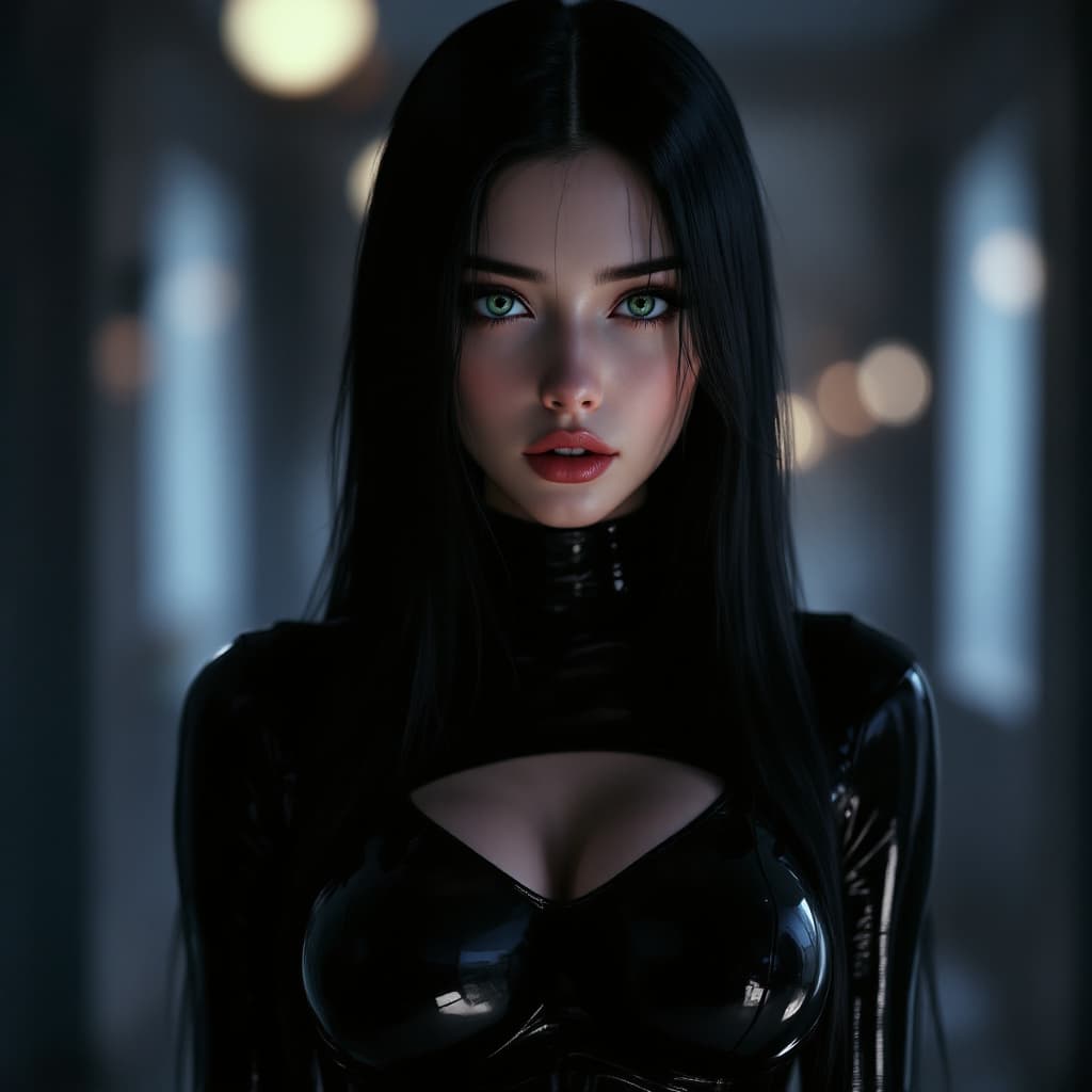AI generated: A 30-year-old anime woman with long straight black hair and green eyes. He has pale skin and a stoic...