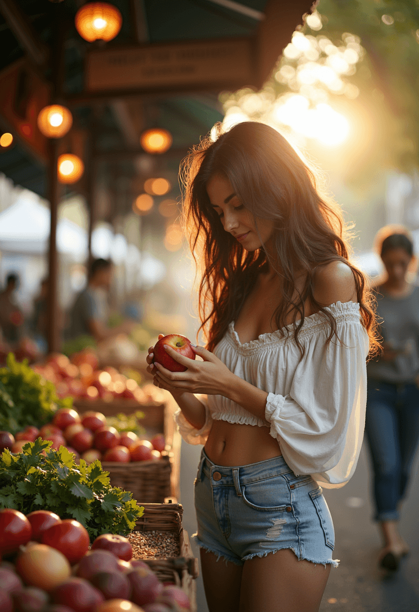 AI generated: A young woman with long, wavy hair stands at an outdoor market stall, holding an apple and examining...