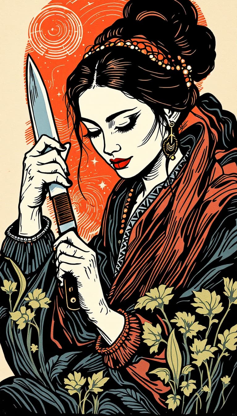 AI generated: Woodblock Print, Carved Lines, Layered Colors, Graphic, Woman Holding a Knife Carving, Precise Actio...