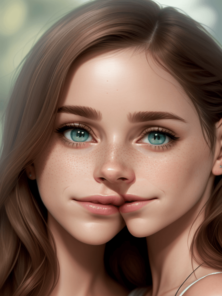 AI generated: ultra realistic, nathalie portman kissing emma watson, petite skinny freckles, blushing, flowing hai...