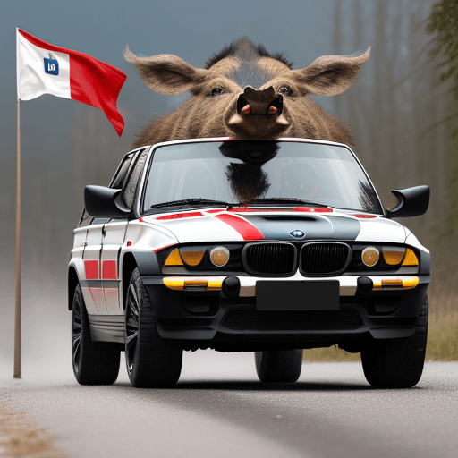AI generated: big wild boar (animal) with poland flag and BMW M badge