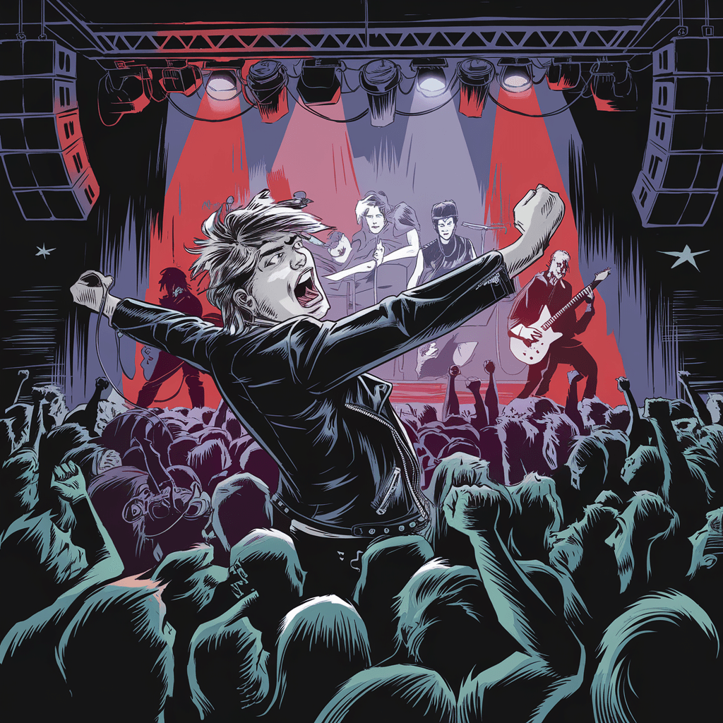 AI generated: Ein energiegeladenes Punkrock-Konzert in einer überfüllten, dunklen Clubszene. Der Sänger, ein rebel...