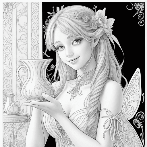 AI generated: Fairy coloring page, a fairy, with beautiful eyes, a sweet smile, on the terrace of the house with a...
