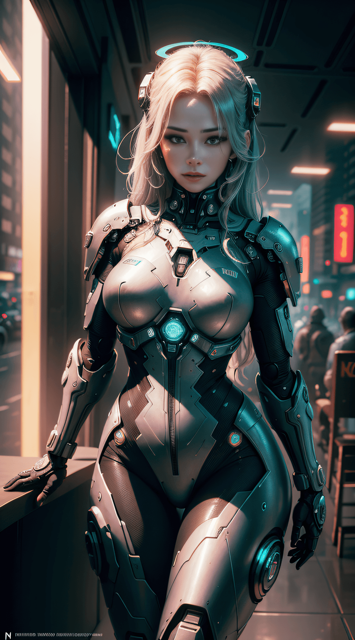 AI generated: a HDR photograph of a beautiful woman, halo, intricate cyberpunk robot, highly detailed, soft bokeh,...