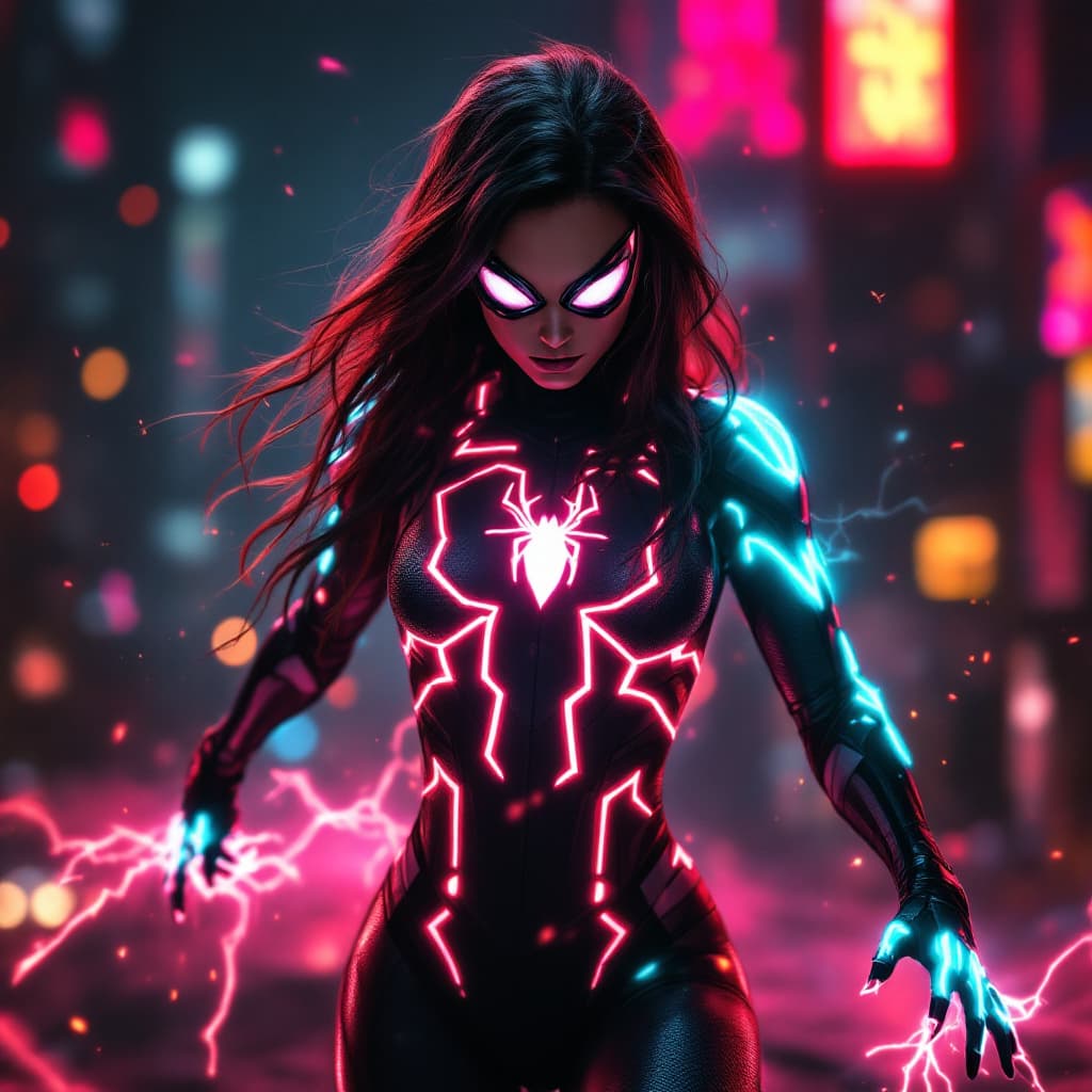 AI generated: Spiderwoman with Power to change reality, neon lights on costume, neon glowing, ultra realistic, 8k,...
