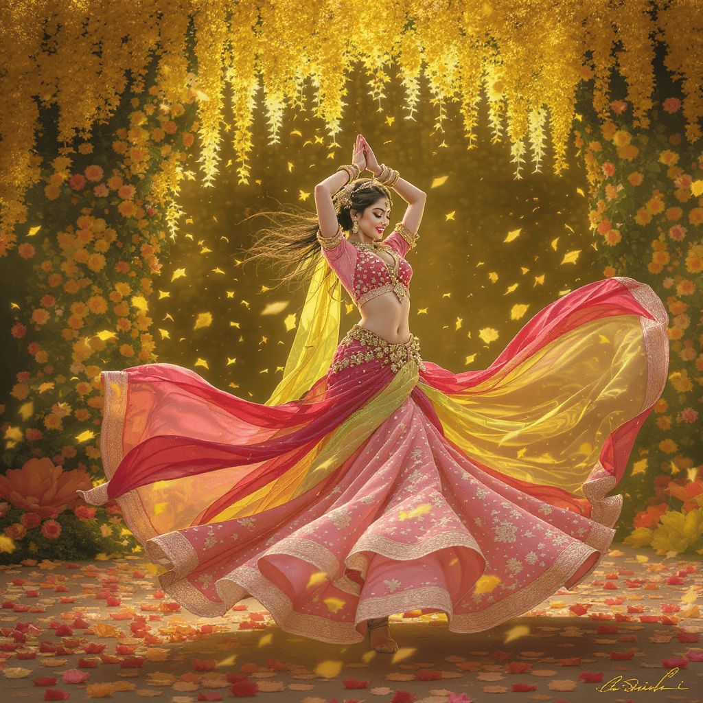 AI generated: Create a vivid and engaging image of a dancing girl dressed in a pinkish-green lehenga. The girl sho...