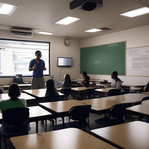 AI generated: A college classroom in Tonga where students and local business owners are attending a workshop on de...