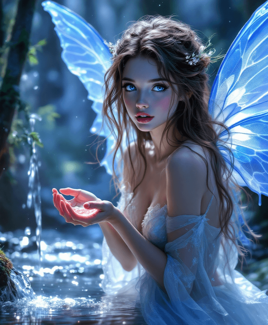 AI generated: A stunning fantasy image of an ethereal fairy princess she is (25-years-old) with glowing sapphire-b...