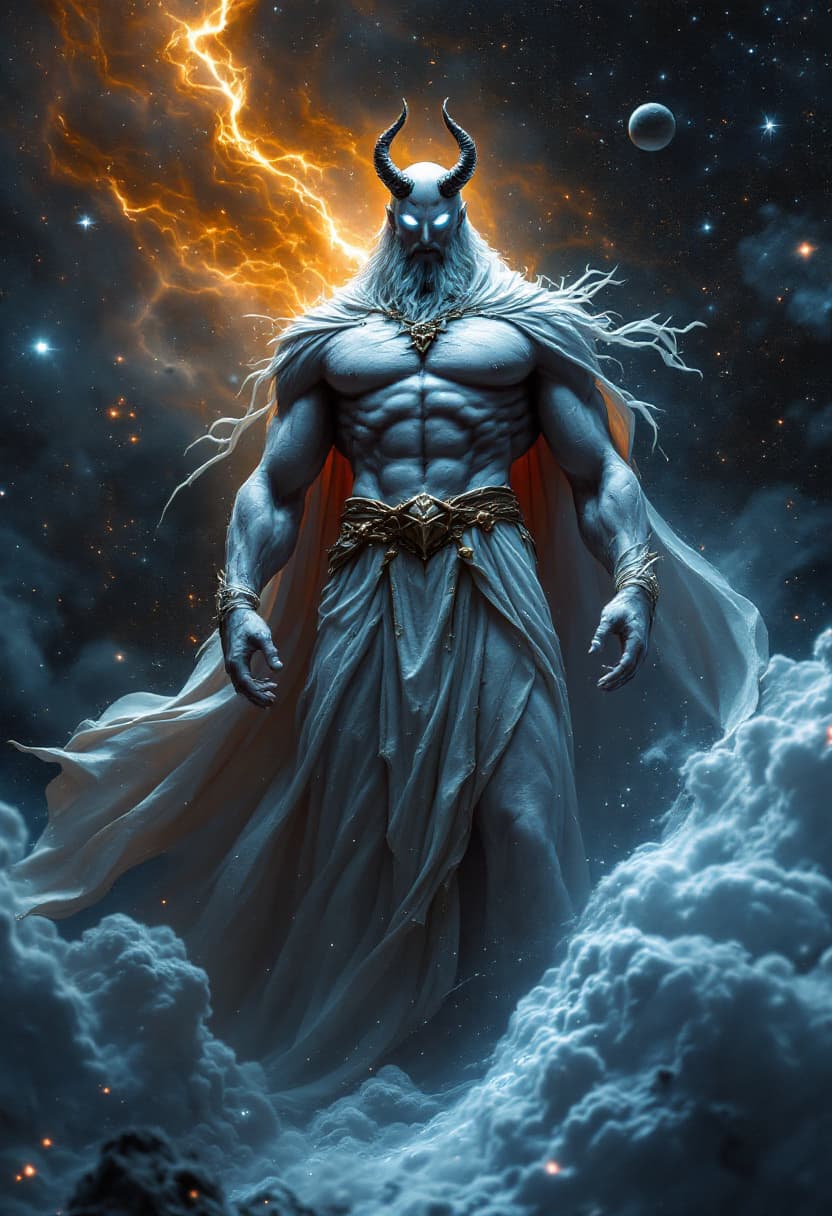 AI generated: God of Health, full-body, Etherial, muscular, No mouth, hair or Beard, Glowing white eyes, epic, cin...