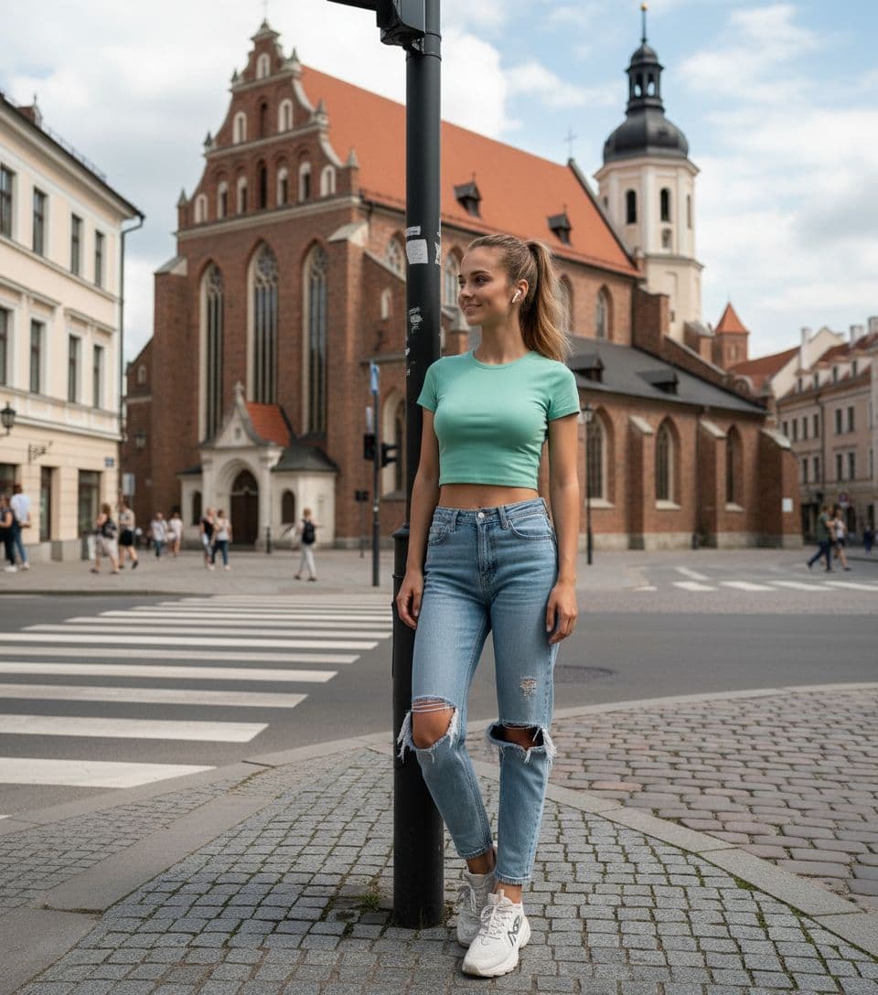 AI generated: 22 year old 5 foot 7 Spanish girl, standing. stands in Vilnius Old Town against the backdrop of famo...