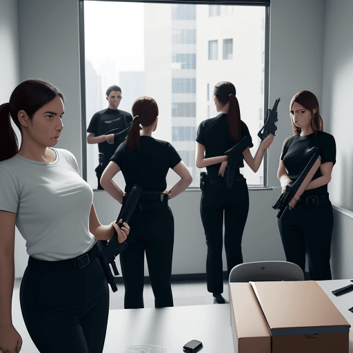 AI generated: A group of office workers (men and women) with their faces clearly visible wearing casual skirts, pa...