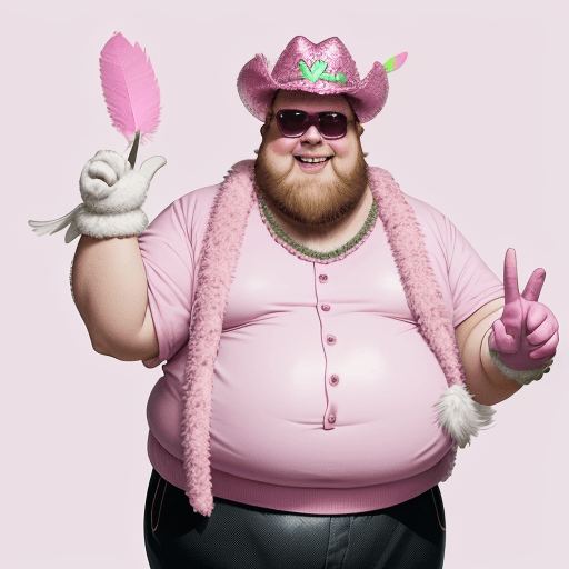 AI generated: Walking, Happy, Smiling, Overweight, old male, pink driving gloves, Waving right hand, horns sign, P...