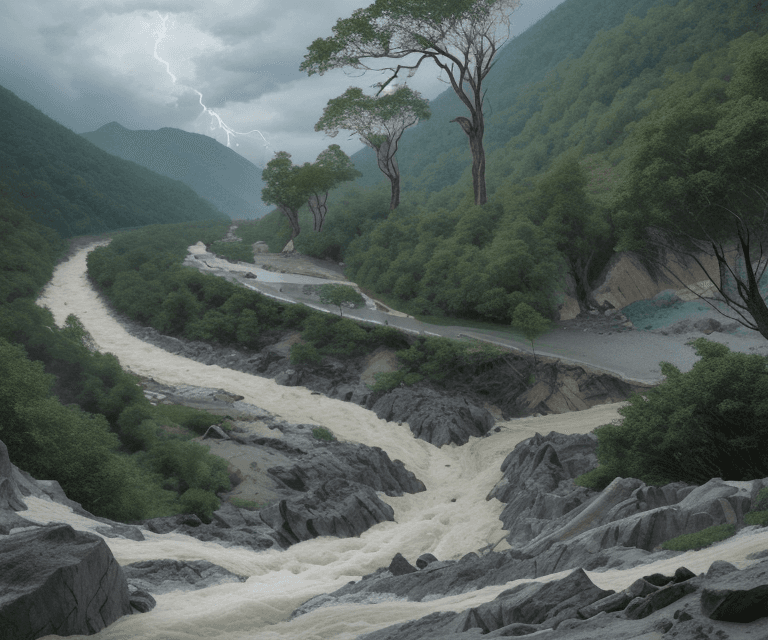 AI generated: storm, typhon, rock fill river, litter, rianing, rapid river water, Earth and rocks slide down the h...
