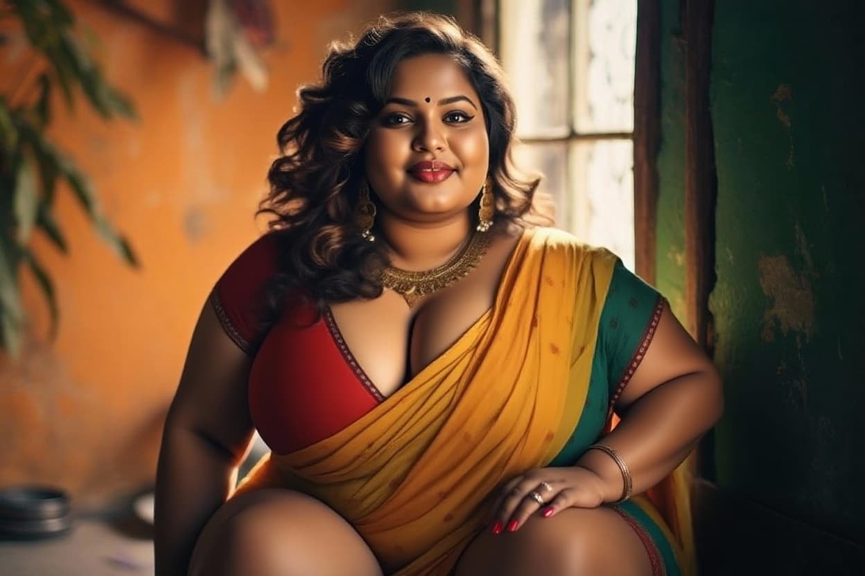 AI generated: Indian, wheatish skin, curvy, voluptuous, massive breasts, massive cleavage, muscular thighs, muscul...