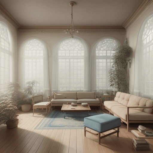 AI generated: High resolution photography interior design, dreamy sunken living room conversation pit, wooden floo...