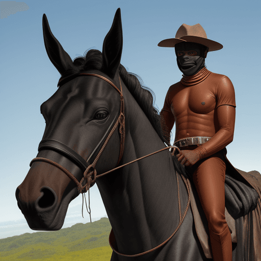AI generated: Imagem de um homem mulato, de cerca de 30 anos de idade, montado em um cavalo de pelagem marrom-escu...