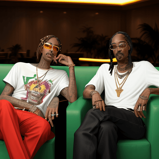 AI generated: Realistic, wiz khalifa and snoop dogg sitting in a Miami lounge, both of them are wearing sunglasses...