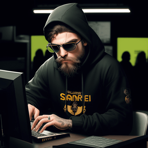 AI generated: hacker, darkroom, coder, computer, man, medium beard, cool, grunge, (typing), ultra-detailed and det...