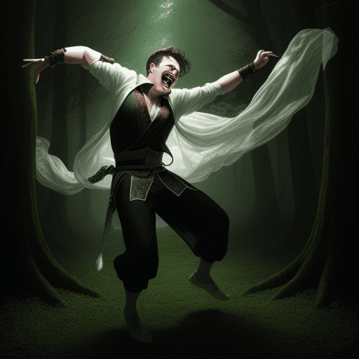 AI generated: High resolution photography 28 year old man laughing and dancing wielding a nine-ring sword while da...