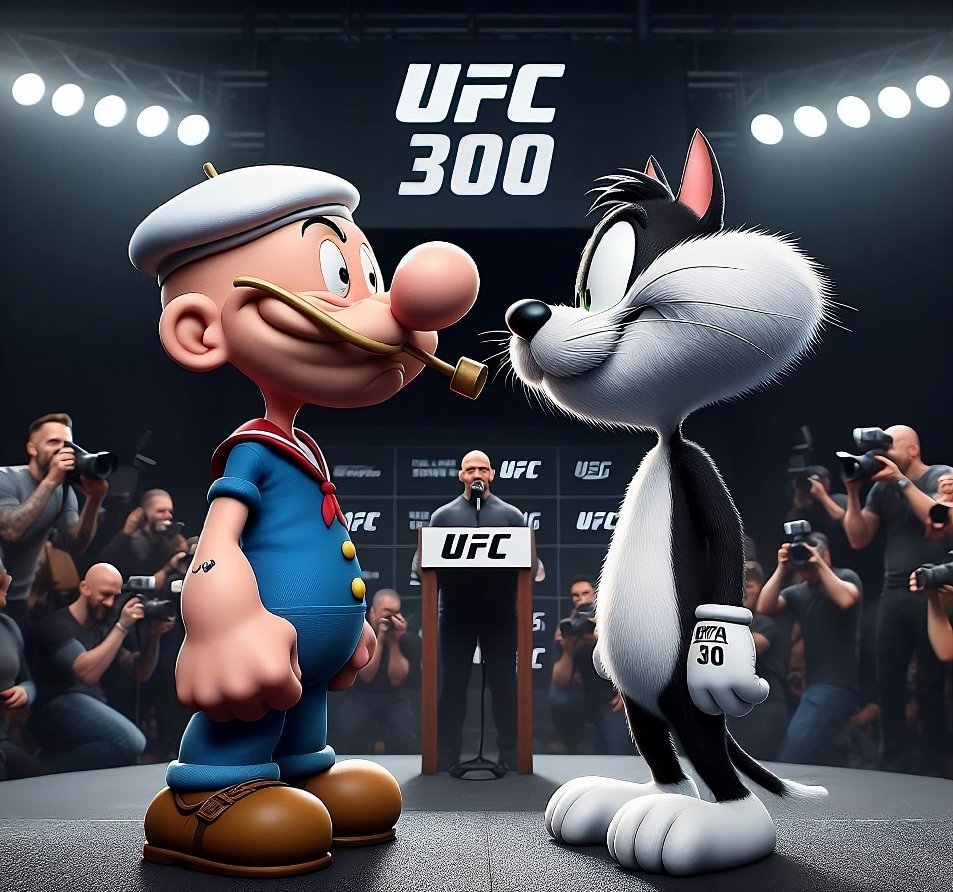 AI generated: Popeye and Sylvester cat in face off for UFC300 press conference 