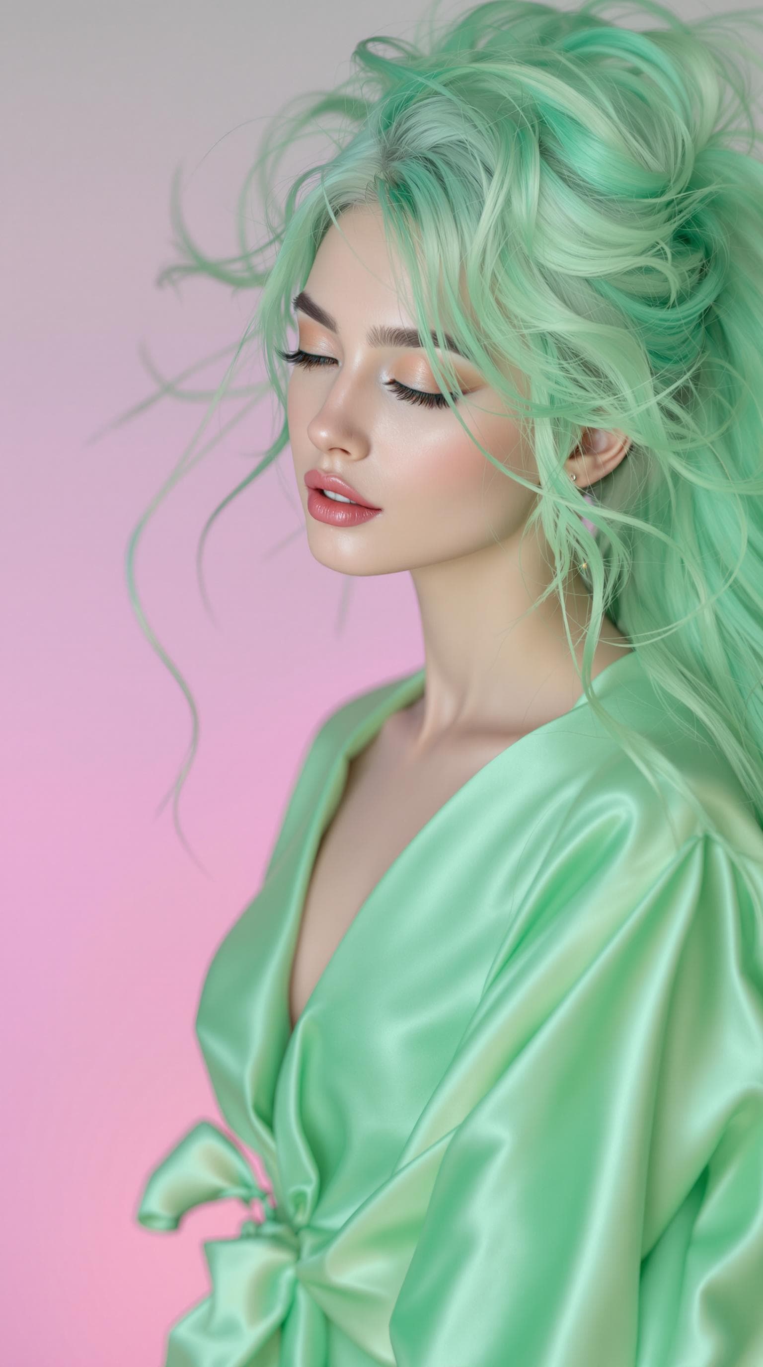AI generated: une femme aux cheveux verts, dans une robe en soie vert clair, dans le style de l'hyperréalisme et d...