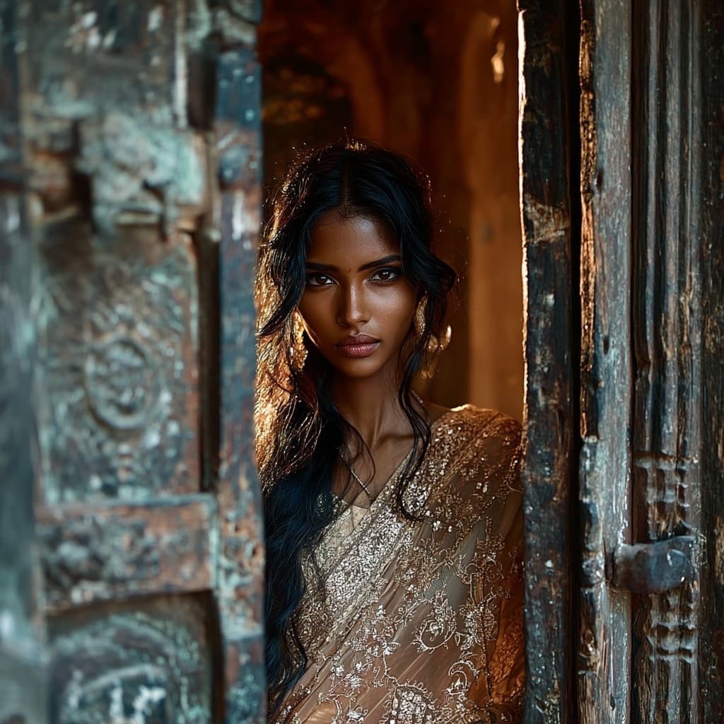 AI generated: A breathtakingly beautiful, voluptuous Indian woman stands gracefully at the threshold of an old woo...