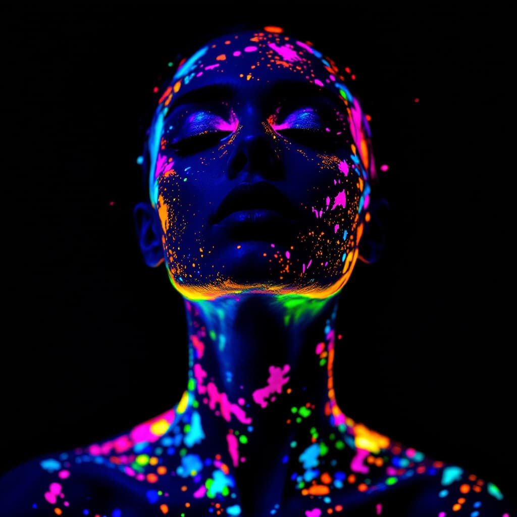AI generated: full body ighlyy detailed portrait of a woman with her face and upper body covered in splashes of ne...