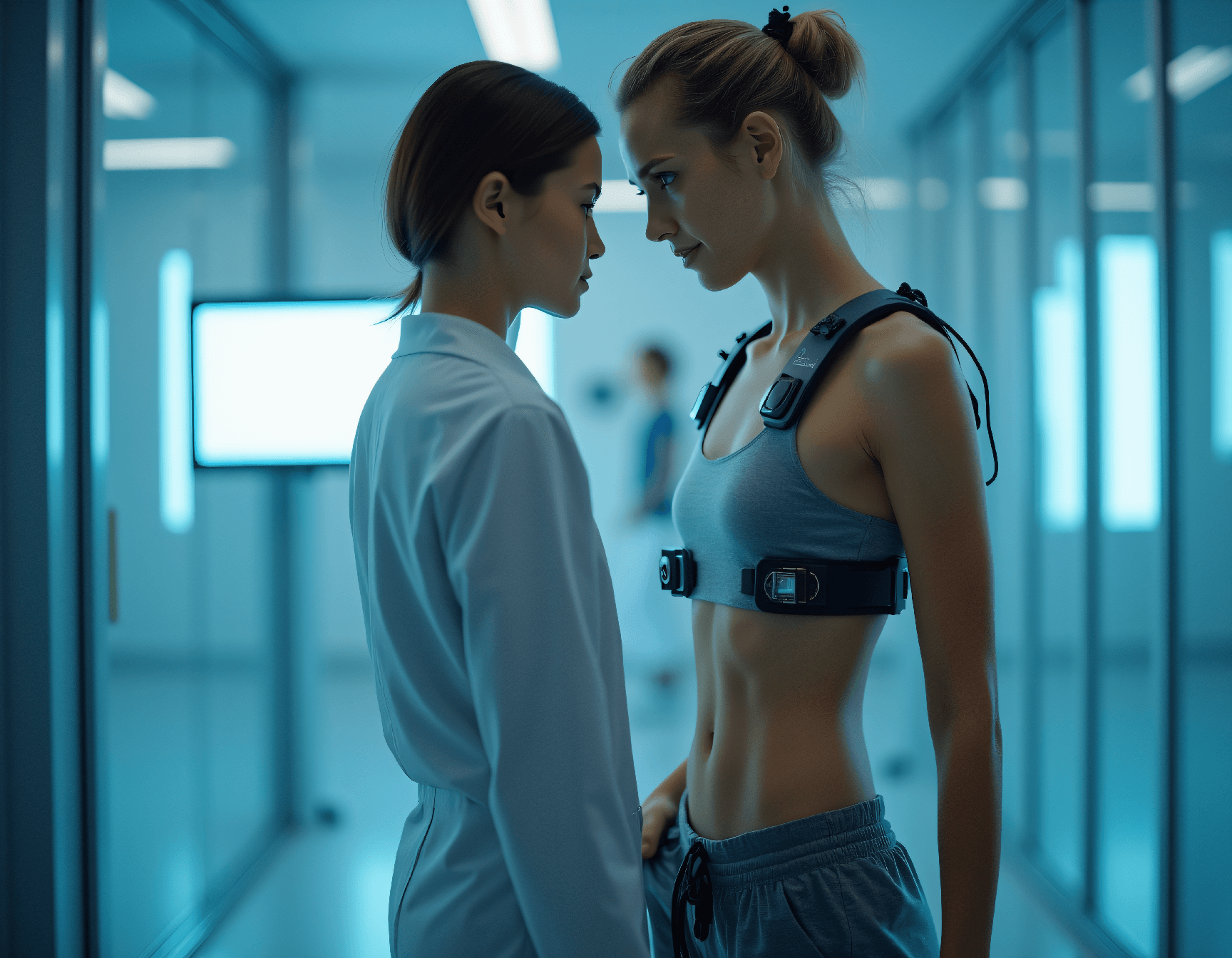 AI generated: Fit woman with visible six-pack in cybernetic testing facility, clinical wide shot showing full envi...