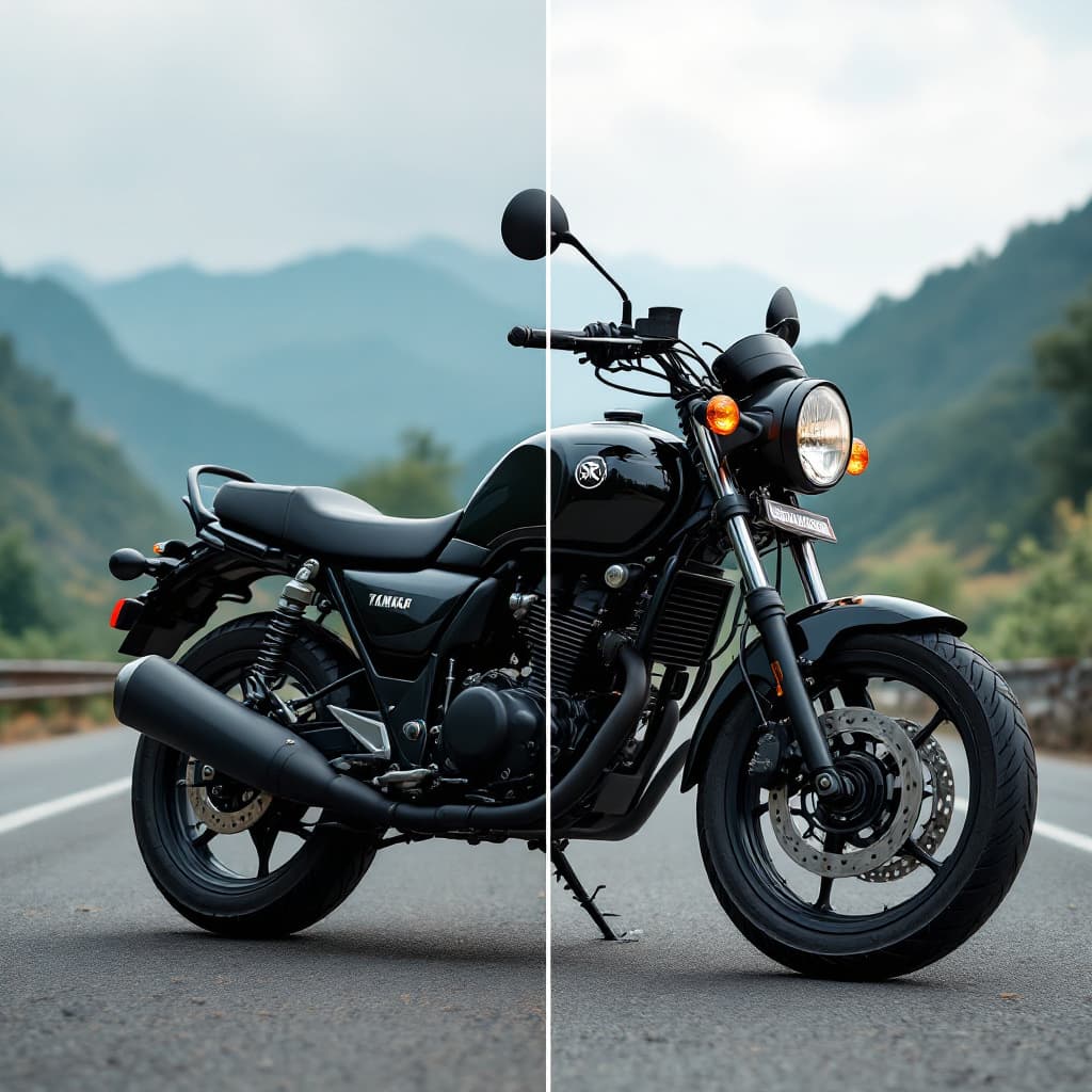 AI generated: - 3D model transforms into a real Yamaha RX 100 Black color bike
- Quick cuts of actual riding foota...