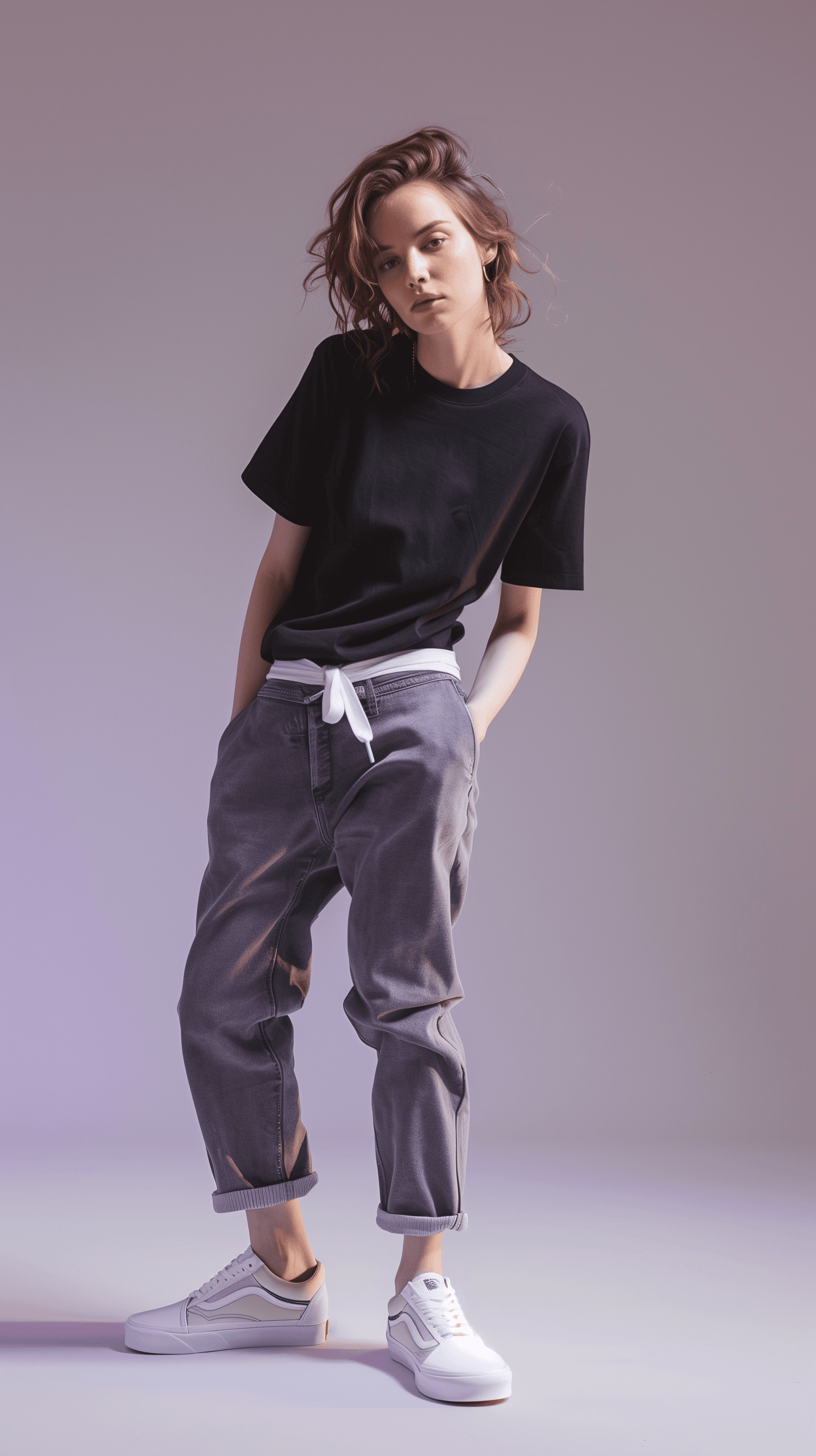 AI generated: fashion photograph of a model posing in a minimalist setting, model is styled in a streetwear chic o...
