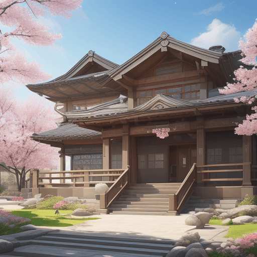 AI generated: A modern style school, warm spring season, front view, popularity of Art Station, 4k, patent art, co...