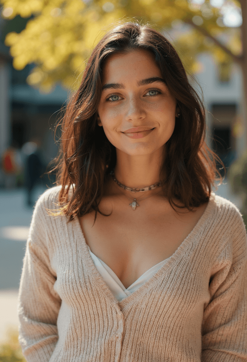 AI generated: A stunning young woman stands poised on the sun-drenched quad of a vibrant college campus â her na...