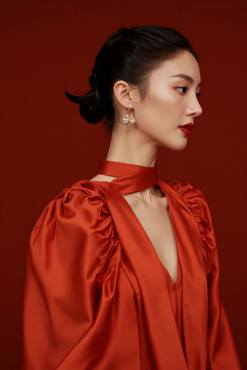 AI generated: A woman stands elegantly against a rich, deep red backdrop, her profile captured in a poised and gra...