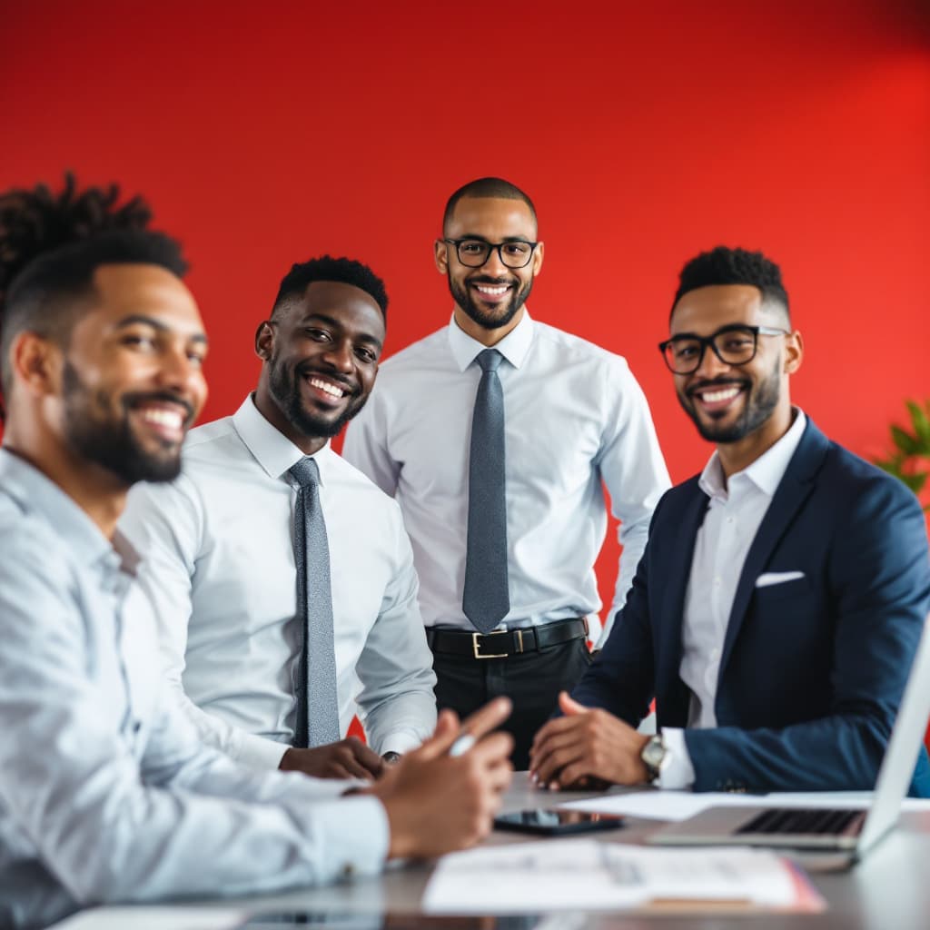AI generated: DIVERSE GROUP OF TAX PROFESSIONALS IN A MODERN OFFICE THAT HAS A RED WALL 