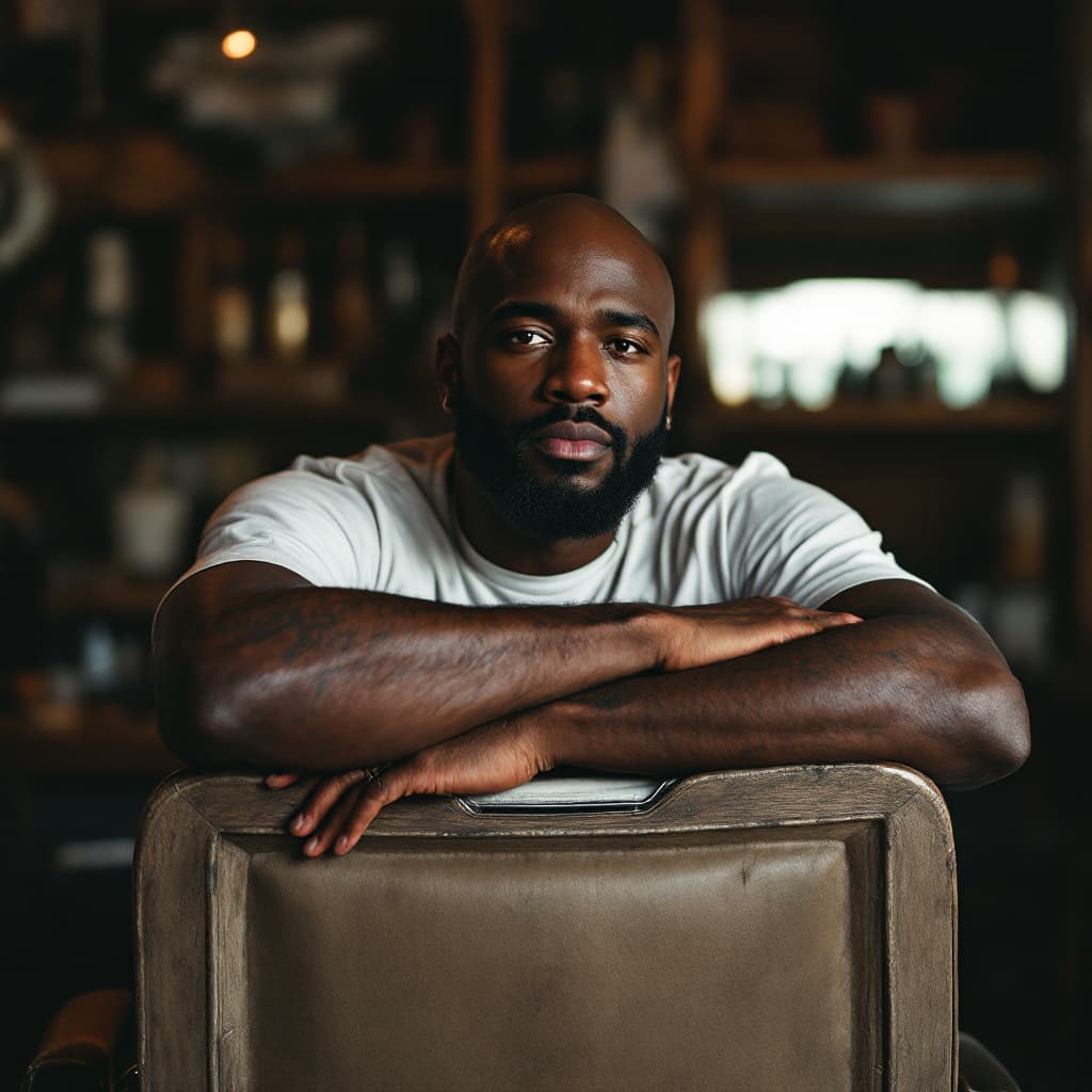 AI generated: a black man with bald head leans on a chair in barbershop in the style of social media portraiture, ...