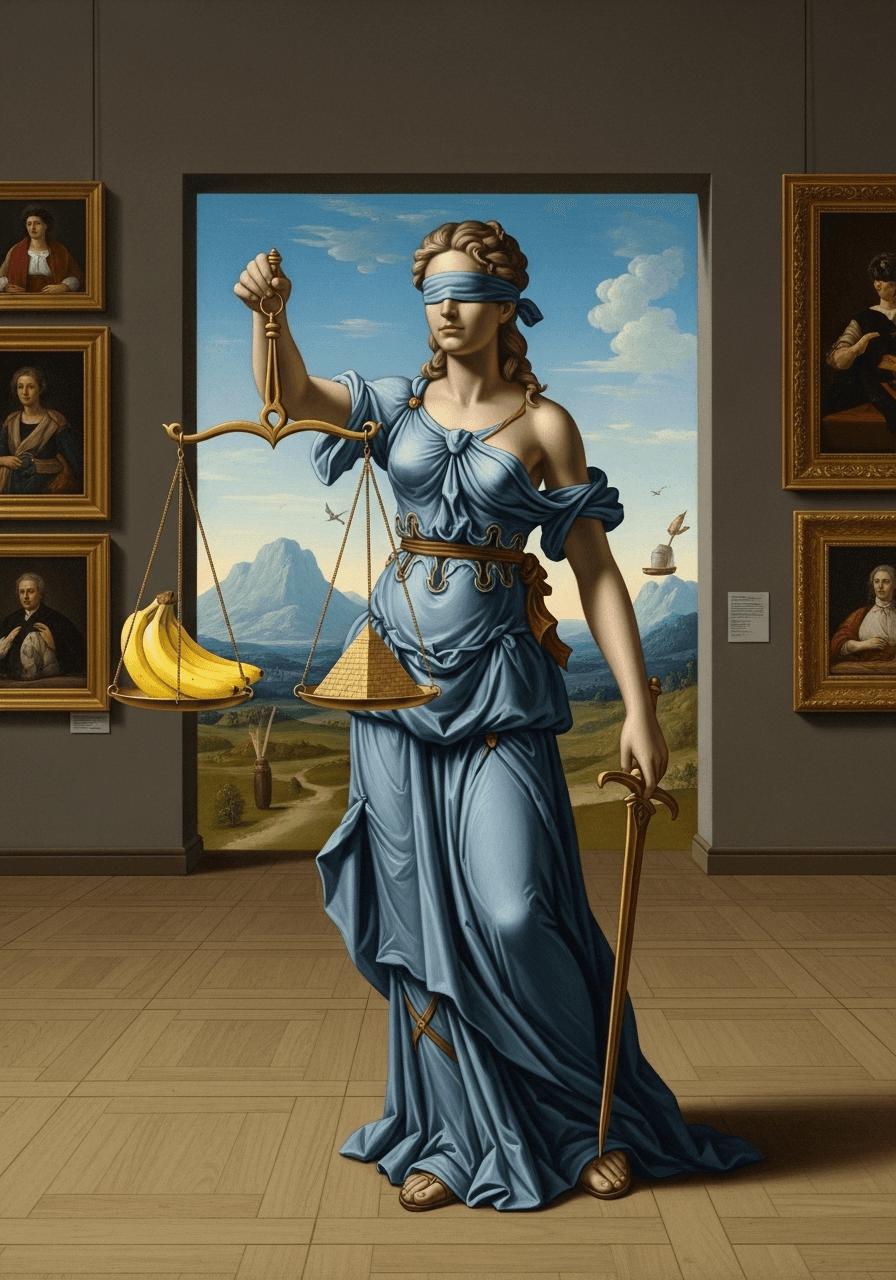 AI generated: A painting in the collaborative style of Joos de Momper and Pieter Jans Saenredam. Lady Justice stan...