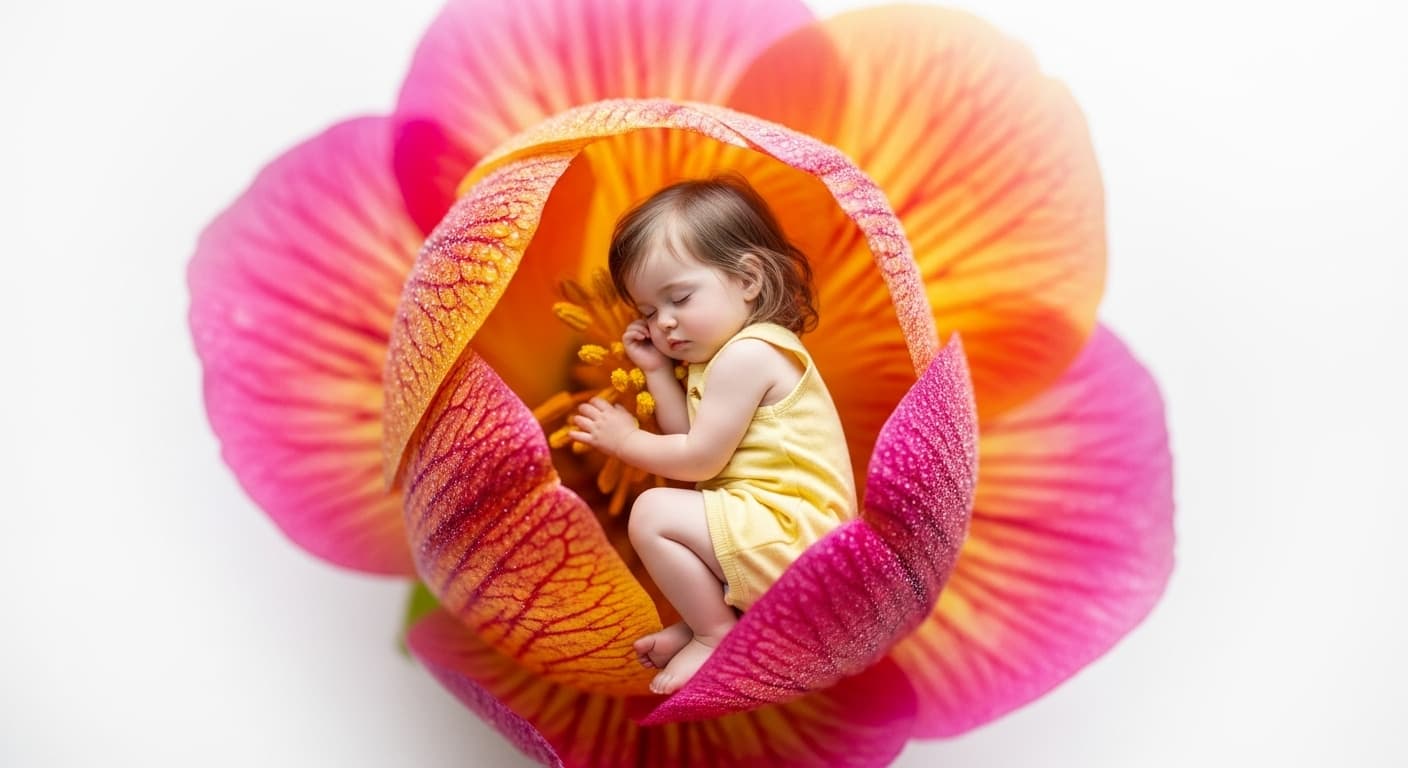 AI generated: In the calyx of an exotic flower a very cute toddler girl lies and sleeps, white background
