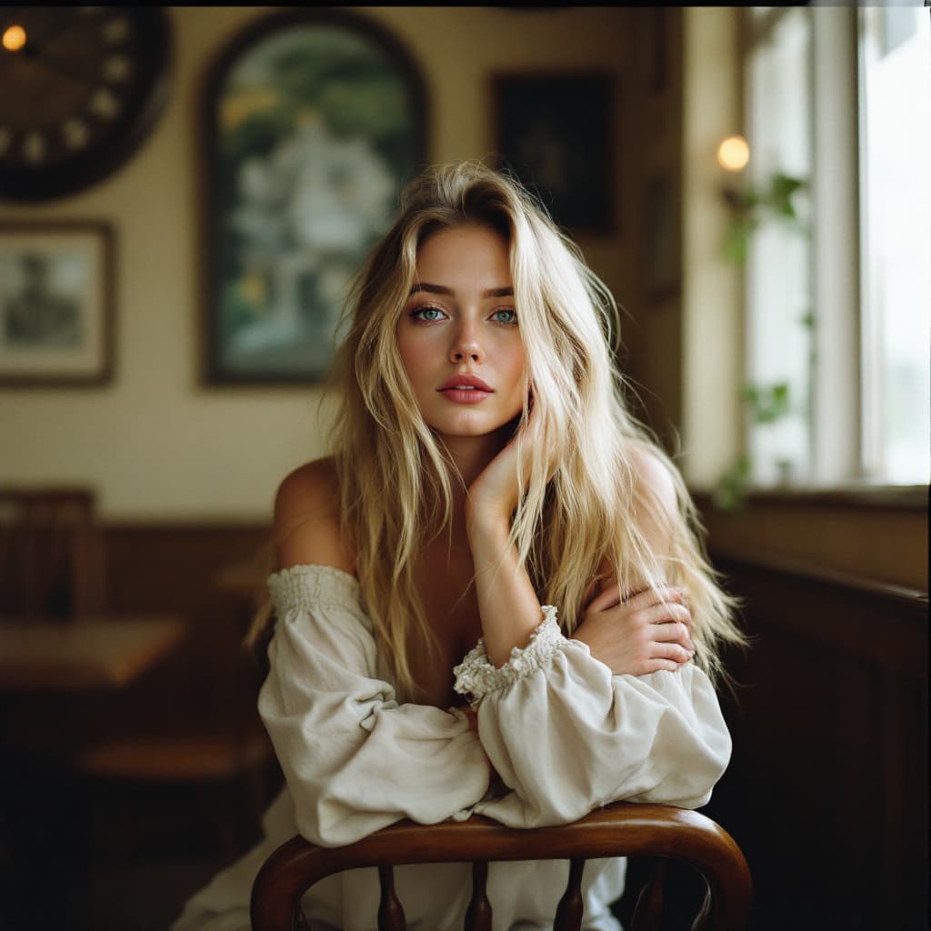 AI generated: \a blonde woman with long hair leans on a chair, in the style of social media portraiture, earthcore...