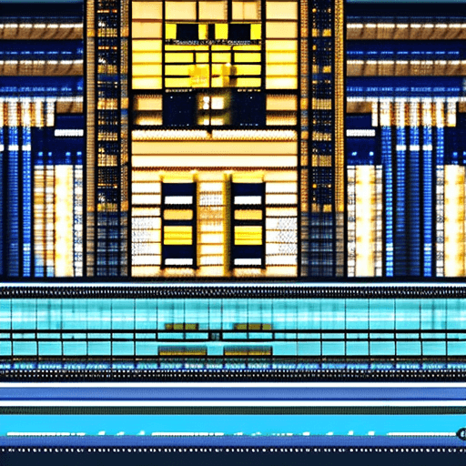 AI generated: Illustration of a city in pixel art, using blue, light blue, and yellow in the details. The illustra...