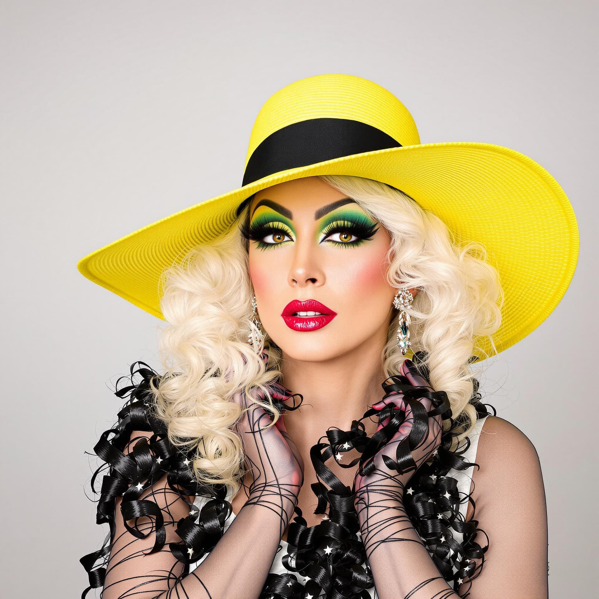AI generated: The image is a high-resolution photograph of the glamorous drag queen posing against a plain, light ...