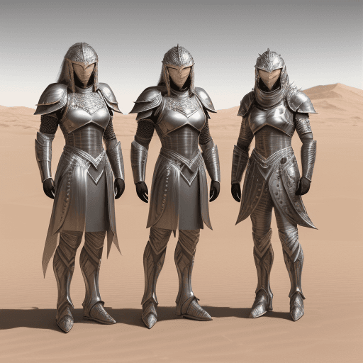 AI generated: 5 Roman manes in futuristic armor in a desert on Mars-like planet, in the style of dark silver and d...